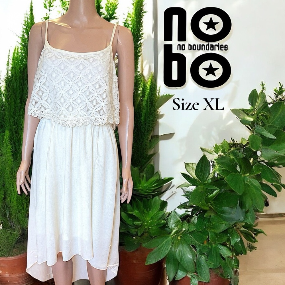 No Boundaries White Gauzy Crochet Lace Overlay Asymmetrical Dress